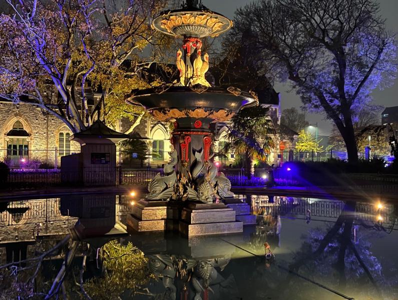 Gardens fountain night May 2023 cropped